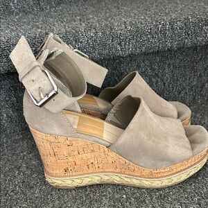 Dolce Vita Taupe Suede Cork Wedge Sandals with Ankle Buckle